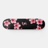 Floral Cherry Blossom Monogram Black Pink Girly Persoonlijk Skateboard (Horizontaal)