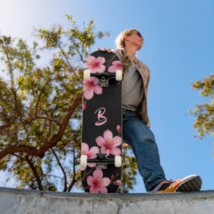 Floral Cherry Blossom Monogram Black Pink Girly Persoonlijk Skateboard