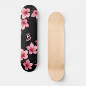 Floral Cherry Blossom Monogram Black Pink Girly Persoonlijk Skateboard (Voorkant)