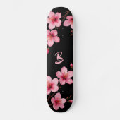 Floral Cherry Blossom Monogram Black Pink Girly Persoonlijk Skateboard (Voorkant)