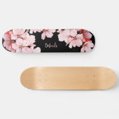 Floral Cherry Blossom Monogram Black Pink Girly Persoonlijk Skateboard (Horizontaal)