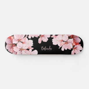 Floral Cherry Blossom Monogram Black Pink Girly Persoonlijk Skateboard