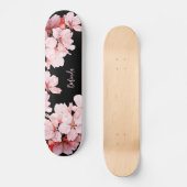 Floral Cherry Blossom Monogram Black Pink Girly Persoonlijk Skateboard (Voorkant)