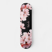 Floral Cherry Blossom Monogram Black Pink Girly Persoonlijk Skateboard (Voorkant)