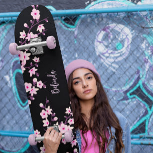 Floral Cherry Blossom Monogram Black Pink Girly Persoonlijk Skateboard