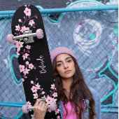 Floral Cherry Blossom Monogram Black Pink Girly Persoonlijk Skateboard