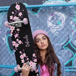 Floral Cherry Blossom Monogram Black Pink Girly Persoonlijk Skateboard