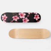Floral Cherry Blossom Monogram Black Pink Girly Persoonlijk Skateboard (Horizontaal)