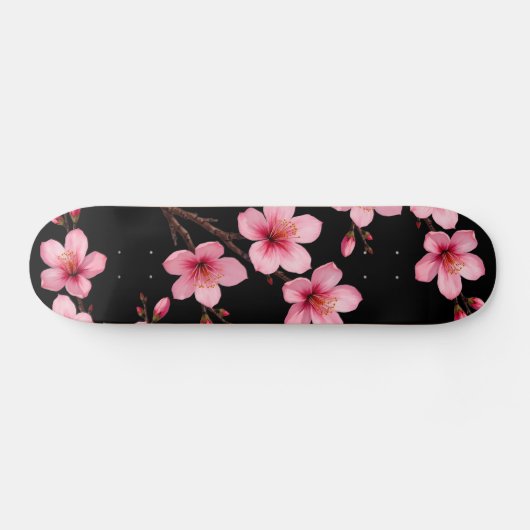 Floral Cherry Blossom Monogram Black Pink Girly Persoonlijk Skateboard (Horizontaal)