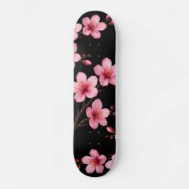 Floral Cherry Blossom Monogram Black Pink Girly Persoonlijk Skateboard