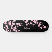 Floral Cherry Blossom Monogram Black Pink Girly Persoonlijk Skateboard (Horizontaal)