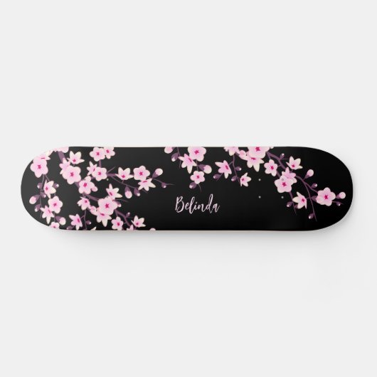 Floral Cherry Blossom Monogram Black Pink Girly Persoonlijk Skateboard (Horizontaal)