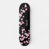 Floral Cherry Blossom Monogram Black Pink Girly Persoonlijk Skateboard (Voorkant)