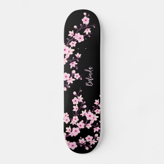 Floral Cherry Blossom Monogram Black Pink Girly Persoonlijk Skateboard (Voorkant)