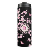 Floral Cherry Blossom Monogram Black Pink Thermosbeker (Voorkant)