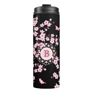 Floral Cherry Blossom Monogram Black Pink Thermosbeker