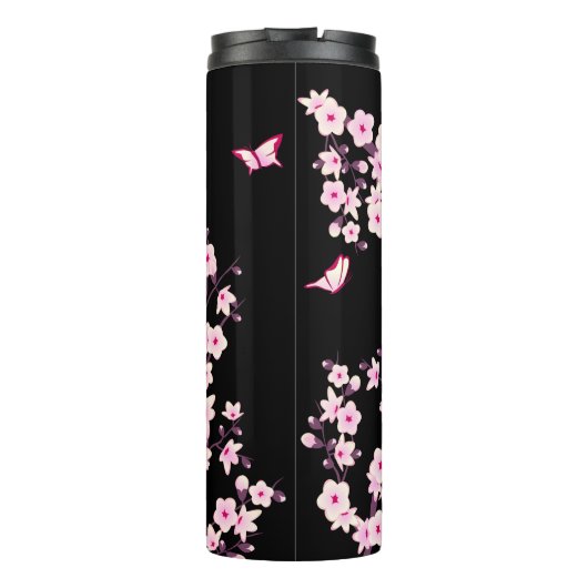 Floral Cherry Blossom Monogram Black Pink Thermosbeker (Achterkant)