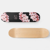 Floral Cherry Blossom Monogram Black Roze Persoonlijk Skateboard (Horizontaal)