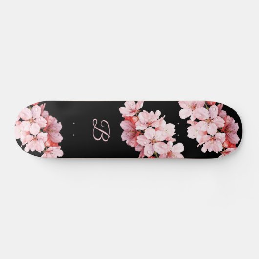Floral Cherry Blossom Monogram Black Roze Persoonlijk Skateboard (Horizontaal)