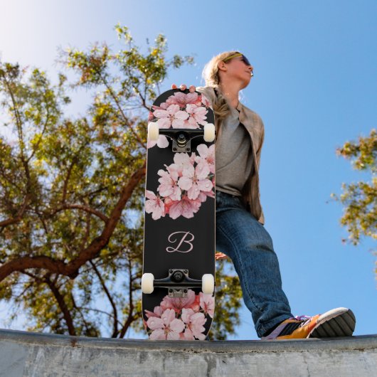 Floral Cherry Blossom Monogram Black Roze Persoonlijk Skateboard (Buiten 1)
