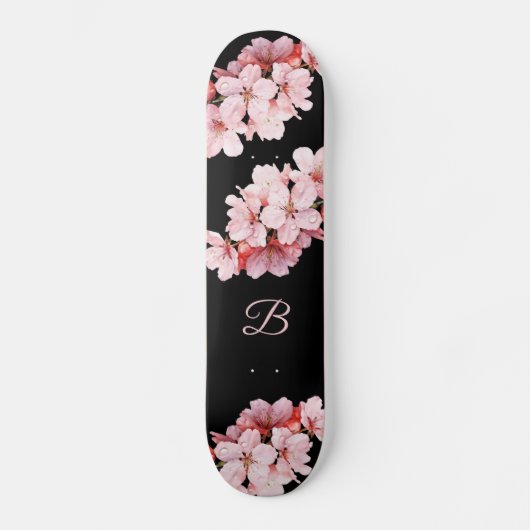 Floral Cherry Blossom Monogram Black Roze Persoonlijk Skateboard (Voorkant)