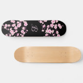 Floral Cherry Blossom Monogram Black Roze Persoonlijk Skateboard (Horizontaal)