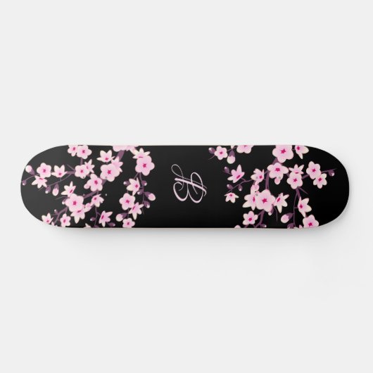Floral Cherry Blossom Monogram Black Roze Persoonlijk Skateboard (Horizontaal)