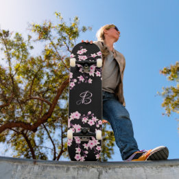 Floral Cherry Blossom Monogram Black Roze Persoonlijk Skateboard