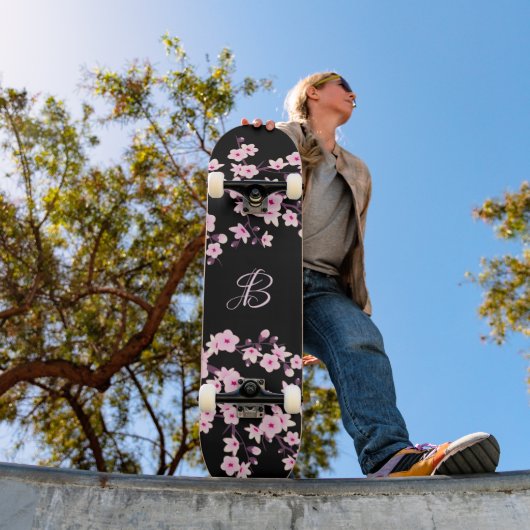 Floral Cherry Blossom Monogram Black Roze Persoonlijk Skateboard (Buiten 1)