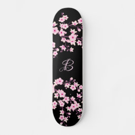 Floral Cherry Blossom Monogram Black Roze Persoonlijk Skateboard