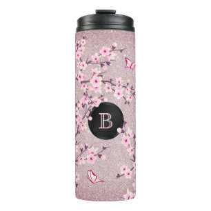 Floral Cherry Blossom Monogram Mauve Glitter Thermosbeker
