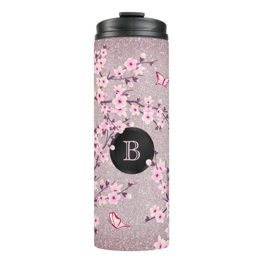 Floral Cherry Blossom Monogram Mauve Glitter Thermosbeker (Voorkant)