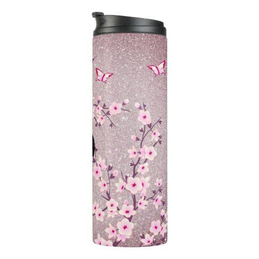 Floral Cherry Blossom Monogram Mauve Glitter Thermosbeker (Geroteerd rechts)