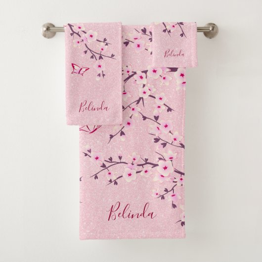 Floral Cherry Blossom Monogram Naam Roze Glitter Bad Handdoek (Insitu)