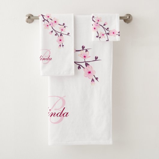 Floral Cherry Blossom Monogram Naam Roze Wit Bad Handdoek (Insitu)