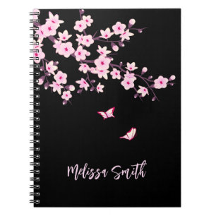 Floral Cherry Blossom Monogram Pink Black Notitieboek