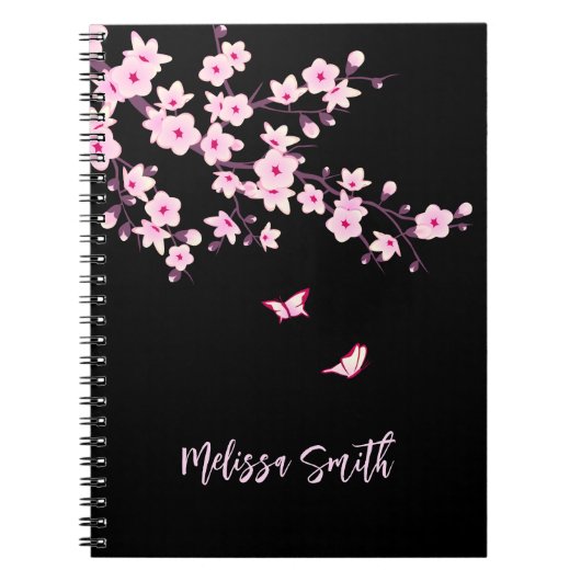 Floral Cherry Blossom Monogram Pink Black Notitieboek (Voorkant)