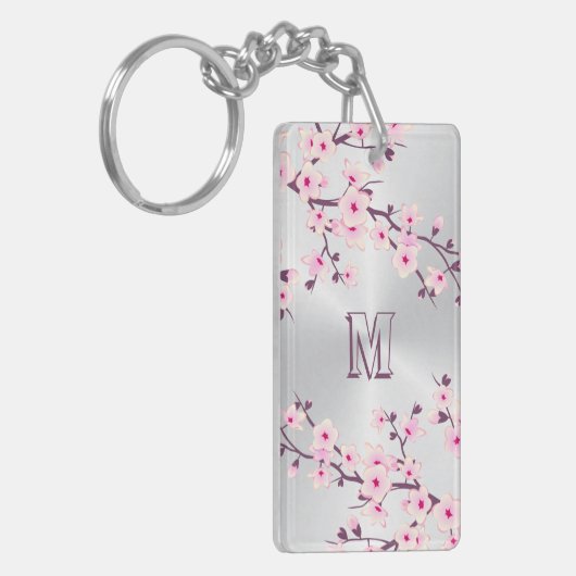 Floral Cherry Blossom Monogram Pink Silver Sleutelhanger (Voorkant Links)