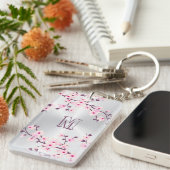 Floral Cherry Blossom Monogram Pink Silver Sleutelhanger (Voorkant Rechts)