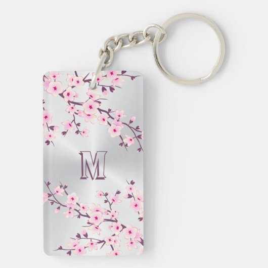 Floral Cherry Blossom Monogram Pink Silver Sleutelhanger (achterkant)