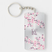 Floral Cherry Blossom Monogram Pink Silver Sleutelhanger (Voorkant)