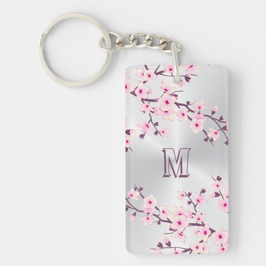 Floral Cherry Blossom Monogram Pink Silver Sleutelhanger (Voorkant)