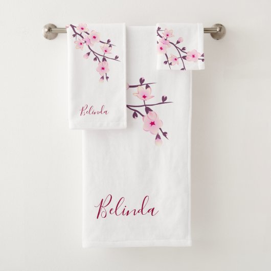 Floral Cherry Blossom Monogram Pink White Bad Handdoek (Insitu)