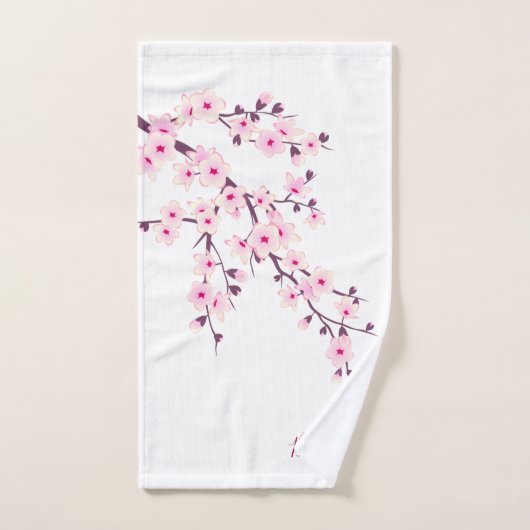 Floral Cherry Blossom Monogram Pink White Bad Handdoek (Handdoek)