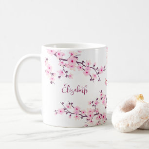 Floral Cherry Blossom Monogram Pink White Koffiemok