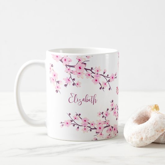 Floral Cherry Blossom Monogram Pink White Koffiemok (Met donut)