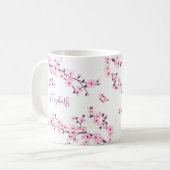 Floral Cherry Blossom Monogram Pink White Koffiemok (Voorkant links)