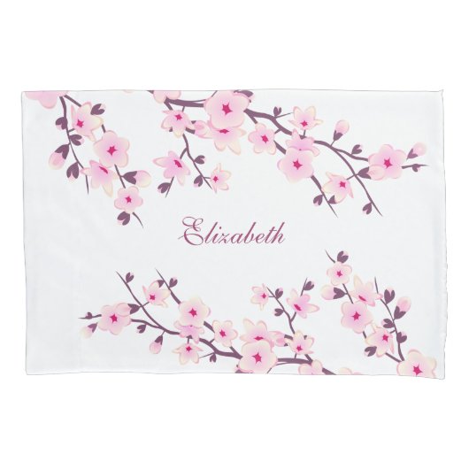 Floral Cherry Blossom Monogram Pink White Pillow Kussensloop (Voorkant)