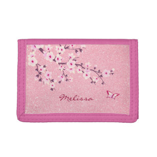 Floral Cherry Blossom Monogram Roze Glitter Naam Drievoud Portemonnee
