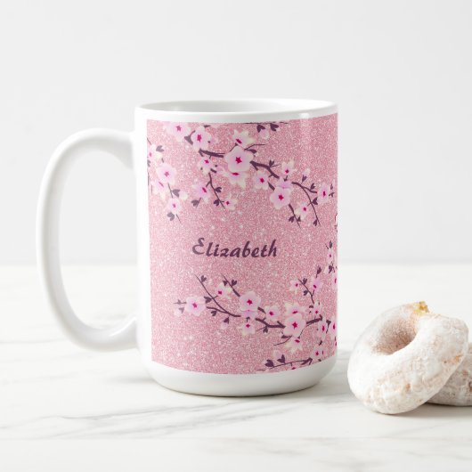 Floral Cherry Blossom Monogram Roze koffie Koffiemok (Met donut)